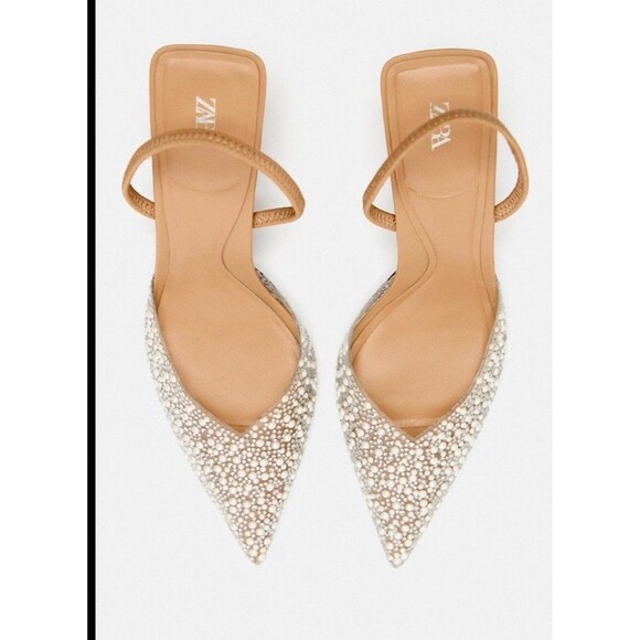 Zara Women's Pearl  Pointed Toe Slingback Heels CL8 Beige Size US 9 - Picture 1 of 12